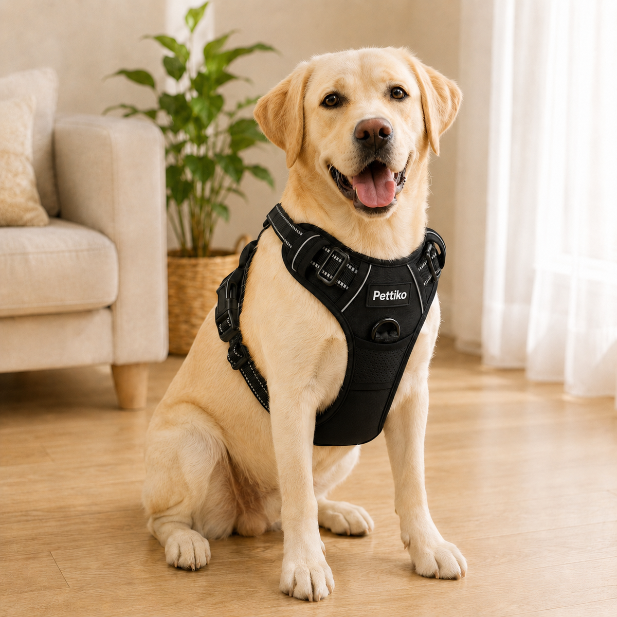The Pettiko No-Pull Dog Harness worn by a happy dog