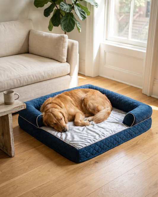 Pettiko CoolNest Sofa Bed with golden retriever in modern living room