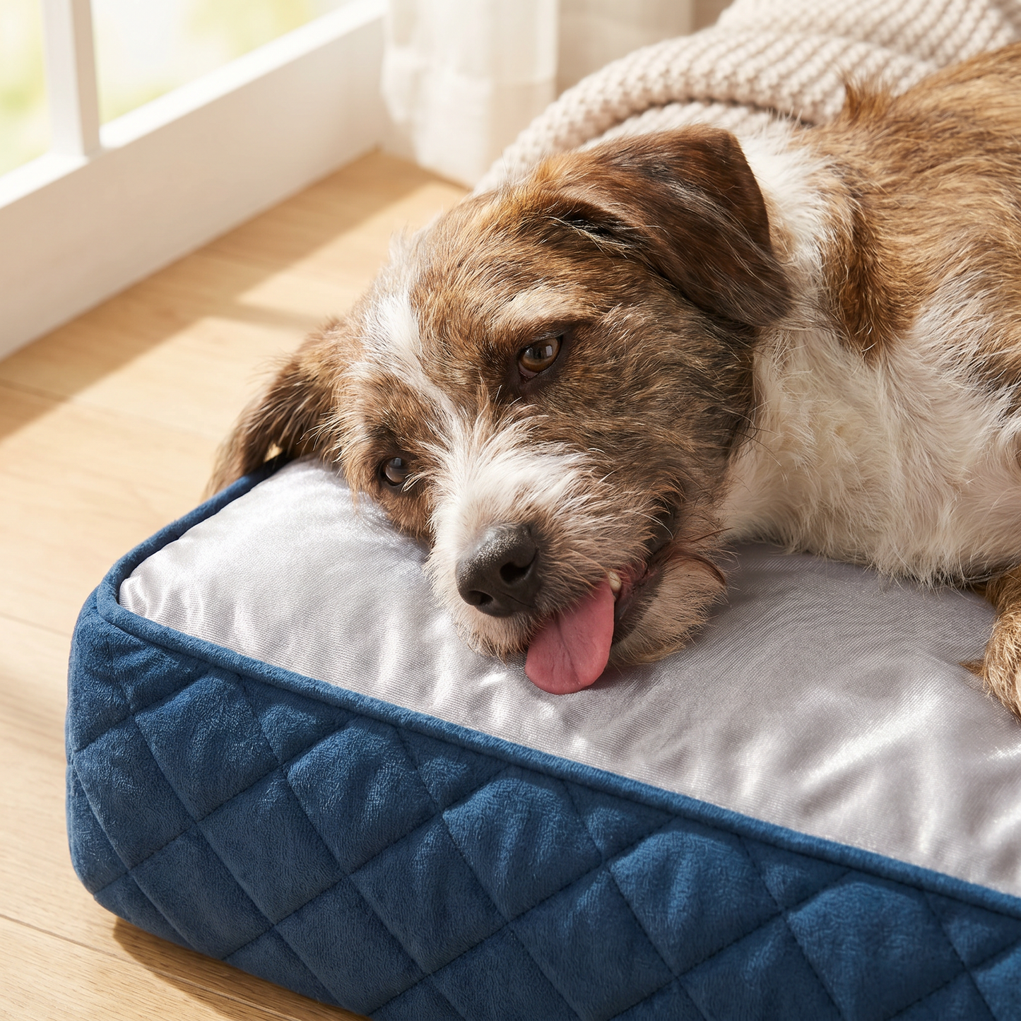 Happy dog lying calmly on cooling bed