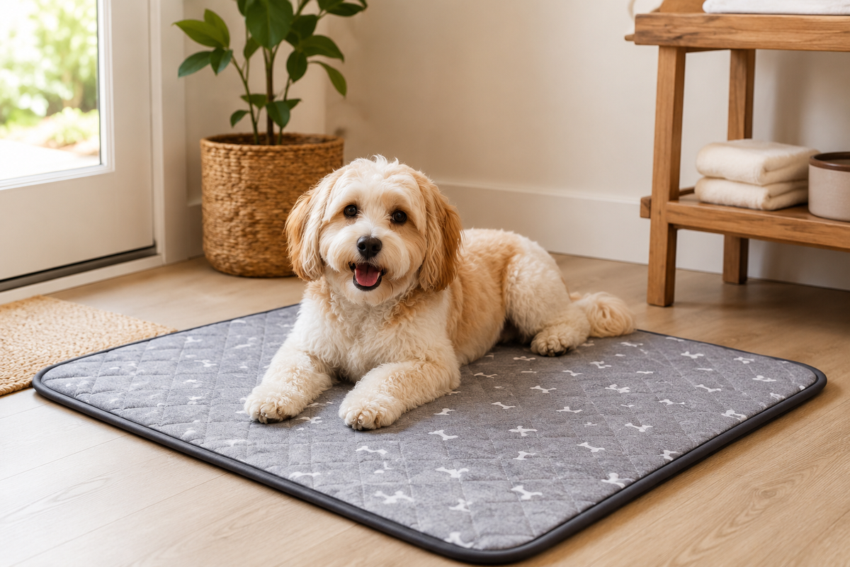 Washable Pettiko puppy pad in a bright home